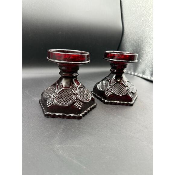 Vintage Avon Cape Cod Ruby Red Candle Holders–Pressed Glass - Set of 2 - Picture 6 of 8